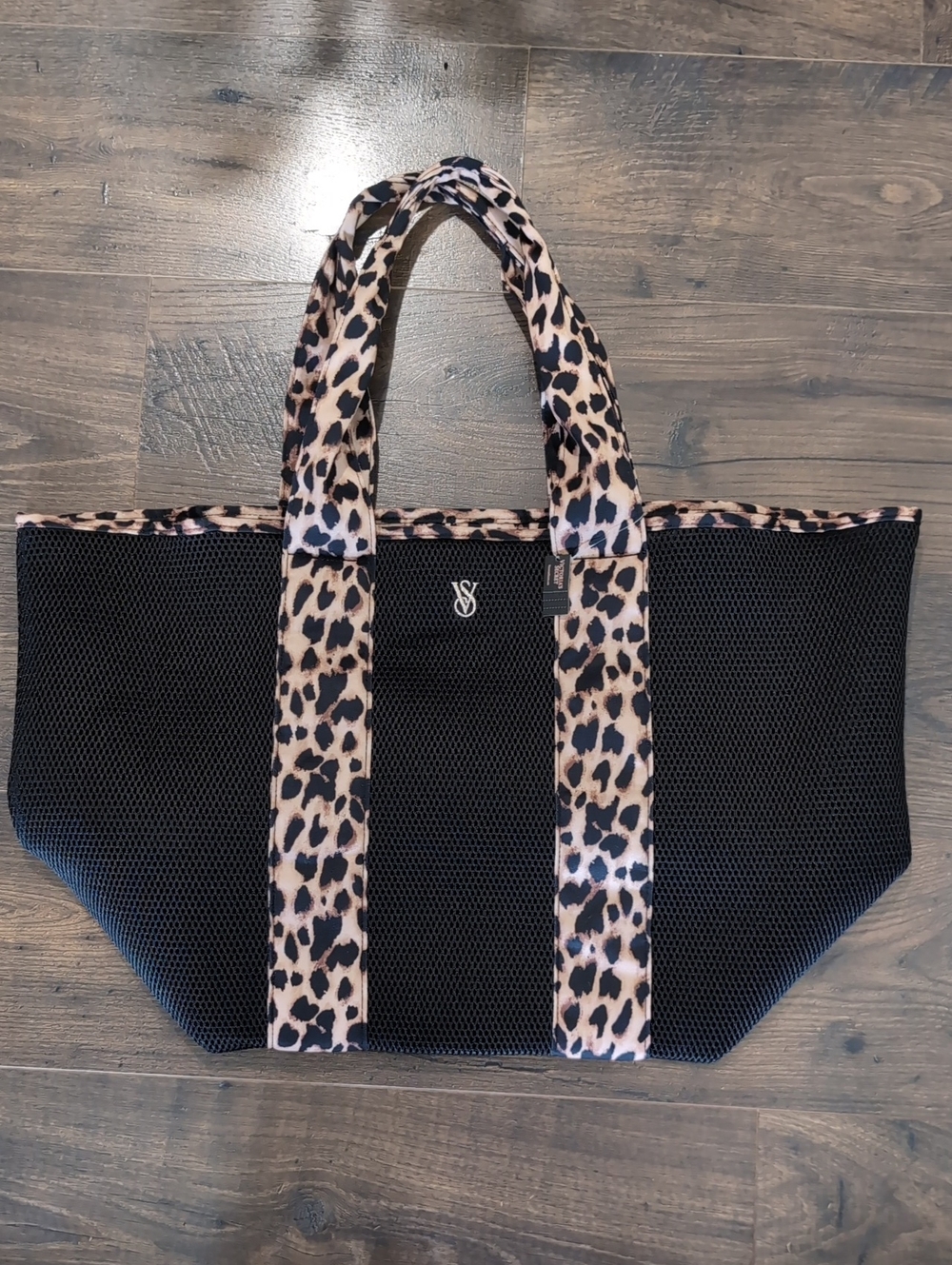 Victoria's Secret Black Mesh Tote with Leopard Trim and Handles